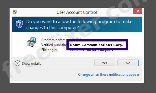 Screenshot where Daum Communications Corp. appears as the verified publisher in the UAC dialog